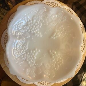 Milk Glass vintage serving bowl leaves/grapes design 8 1/2” Scalloped sq Shape